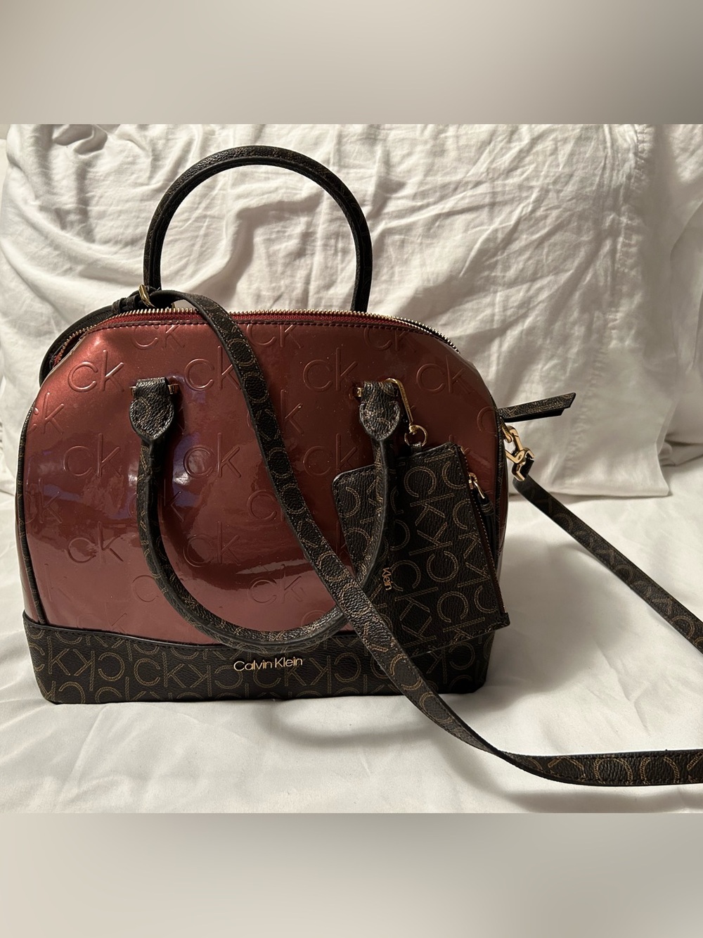 Calvin Klein Burgundy Patent and Brown Monogram Dome Satchel